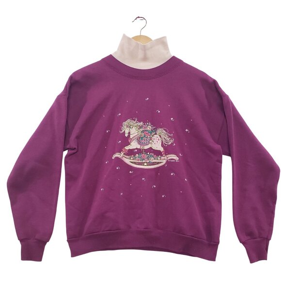 Vintage 90s Gopher Sport Purple Sweatshirt Size m Mock Neck Horse Graphic Cozy - Picture 1 of 5